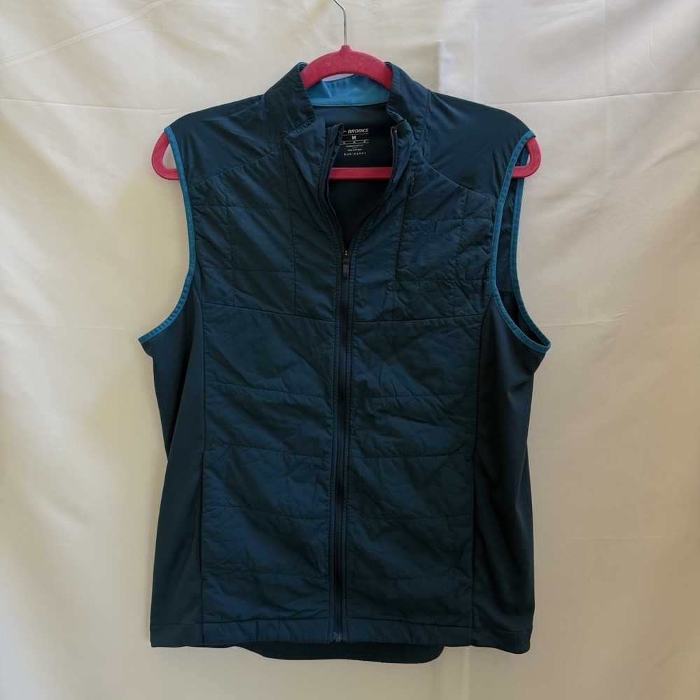 Brooks Light Puffer Vest Womens Sz M Full Zip Athletic Running Outdoor Teal Blue